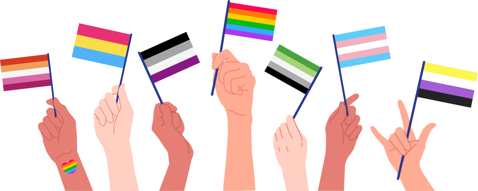 Group of hand holding various pride flags celebration